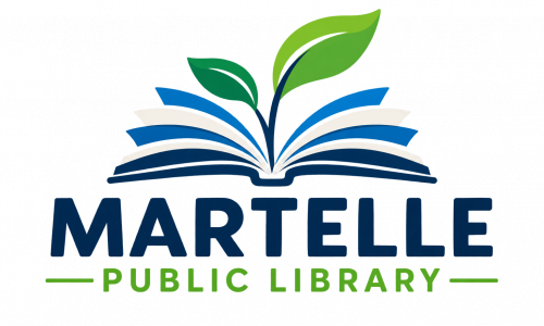An open book graphic with the text Martelle Public Library 